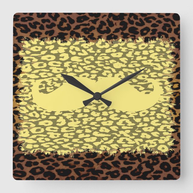 Funny Mustache and leopard print Square Wall Clock (Front)