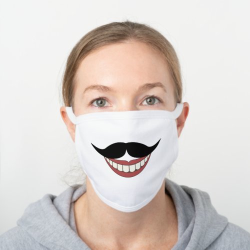 Funny Mustache and Smiling Mouth White Cotton Face Mask