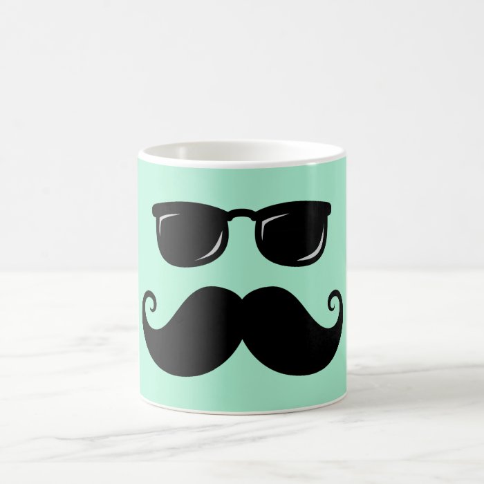 Funny mustache and sunglasses face mint green coffee mug