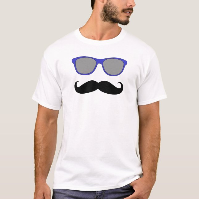 Funny Mustache Blue Sunglasses T-Shirt (Front)