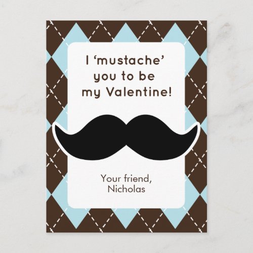 Funny Mustache Class Valentines Holiday Postcard