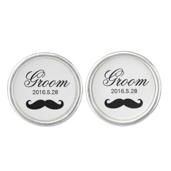Funny Mustache Custom Groom Script Wedding Cufflinks by UrHomeNeeds at Zazzle