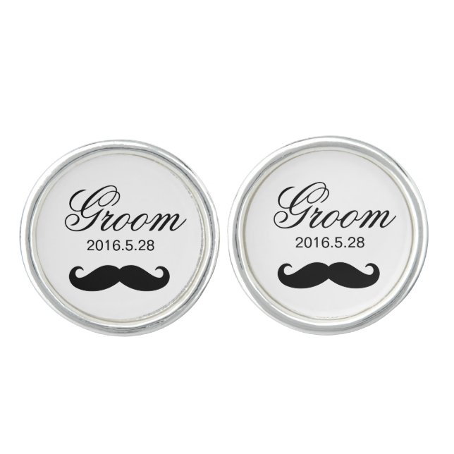 Funny Mustache Custom Groom Script Wedding Cufflinks (Front)