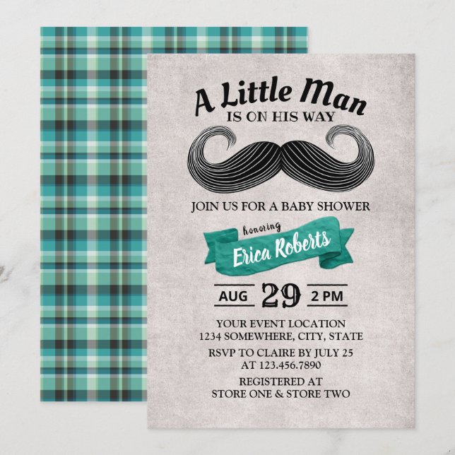 Funny Mustache Cute Little Man Teal Baby Shower Invitation (Front/Back)