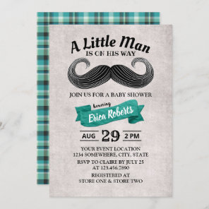 Funny Mustache Cute Little Man Teal Baby Shower Invitation