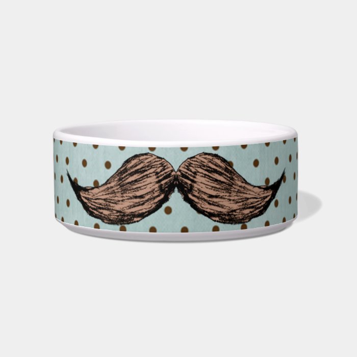 Funny Mustache Drawing And Brown Polka Dots Cat Food Bowls
