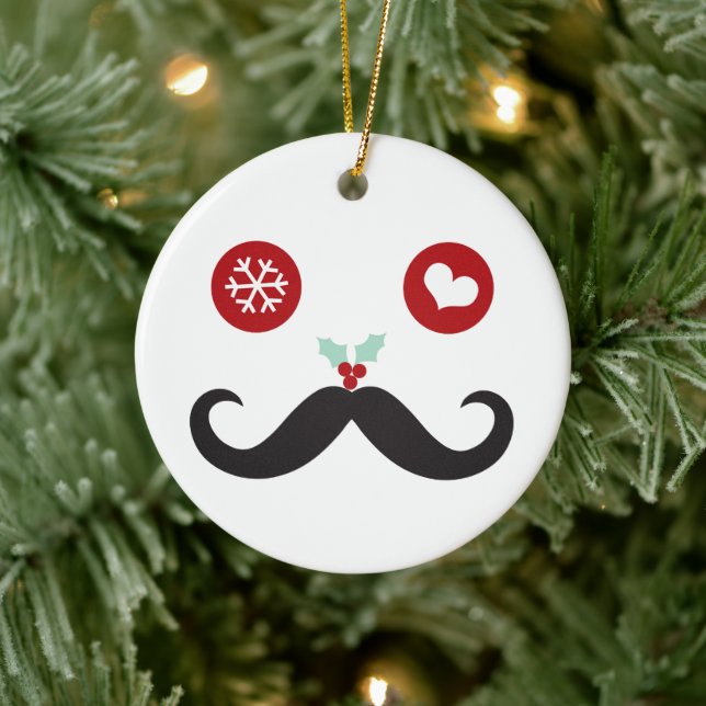 Funny Mustache Face Christmas Cute Holiday Photo Ceramic Ornament (Tree)