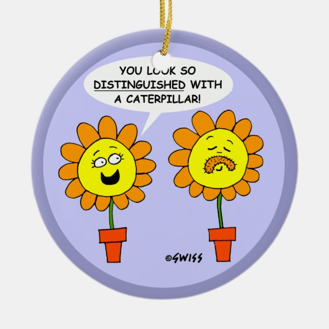 Funny Mustache Flower Cartoon Christmas Ceramic Ornament (Front)