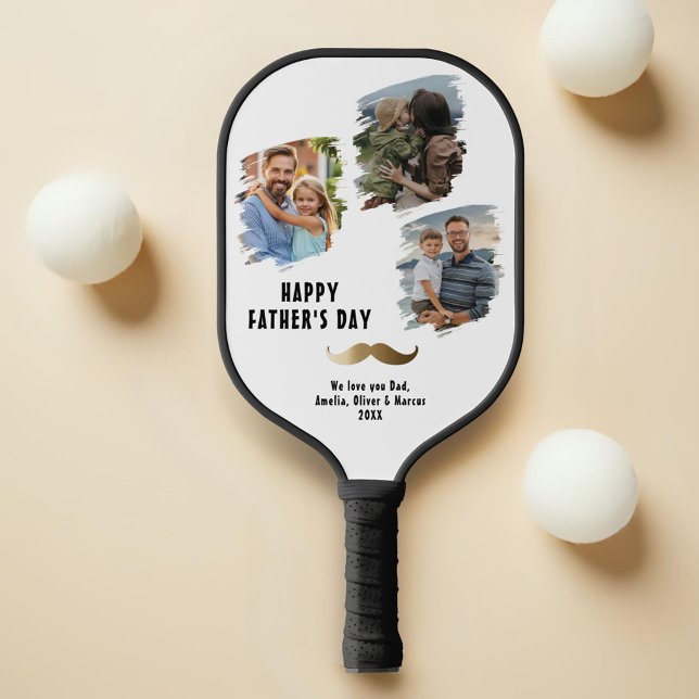 Funny Mustache Happy Father's Day 3 Photo Pickleball Paddle (Creator Uploaded)