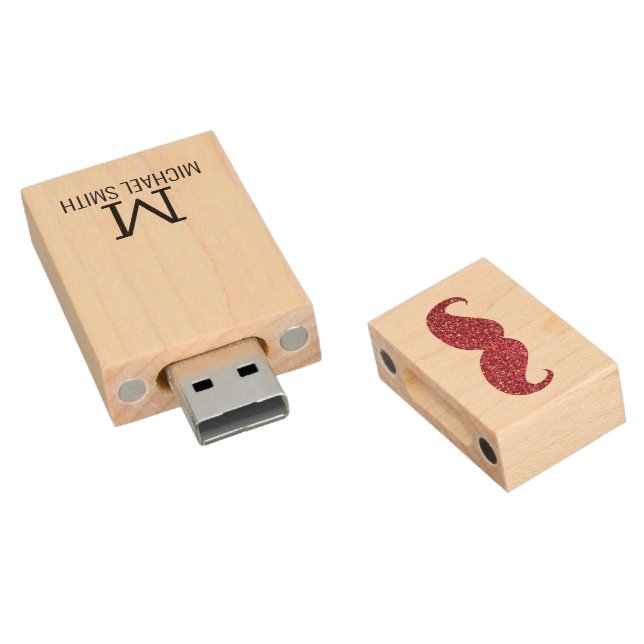 Funny Mustache Monogram #4 Wood Flash Drive (Angled)