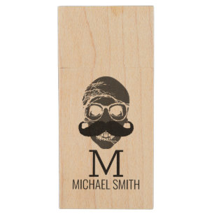 Funny Mustache Monogram #9 Wood Flash Drive