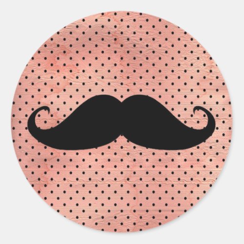 Funny Mustache On Cute Pink Polka Dot Background Classic Round Sticker