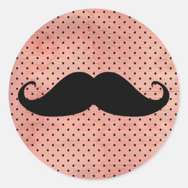 Funny Mustache On Cute Pink Polka Dot Background Classic Round Sticker (Front)