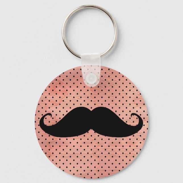 Funny Mustache On Cute Pink Polka Dot Background Keychain (Front)