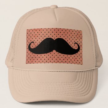 Funny Mustache On Cute Pink Polka Dot Background Trucker Hat by mustache_designs at Zazzle