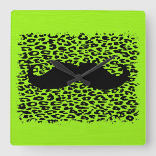Funny Mustache on lime green background Square Wall Clock