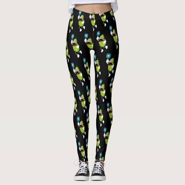 Funny Mustache Pickle Playing Pickleball Black Leggings (Front)