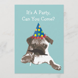Funny Mustache Pug Birthday Party Invitation