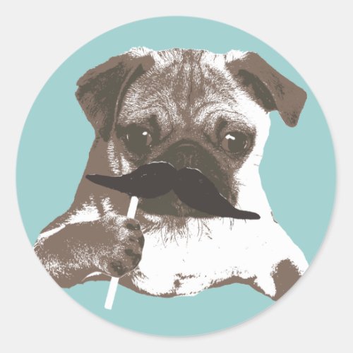 Funny Mustache Pug Classic Round Sticker