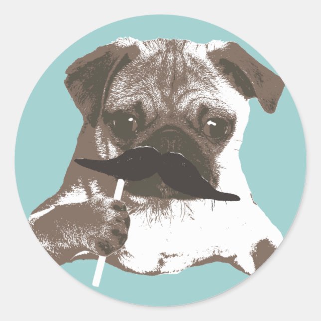 Funny Mustache Pug Classic Round Sticker (Front)