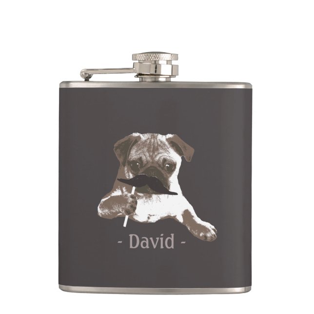Funny Mustache Pug Dark Tan Flask (Front)