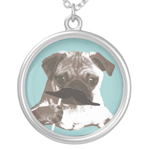Funny Mustache Pug Silver Plated Necklace