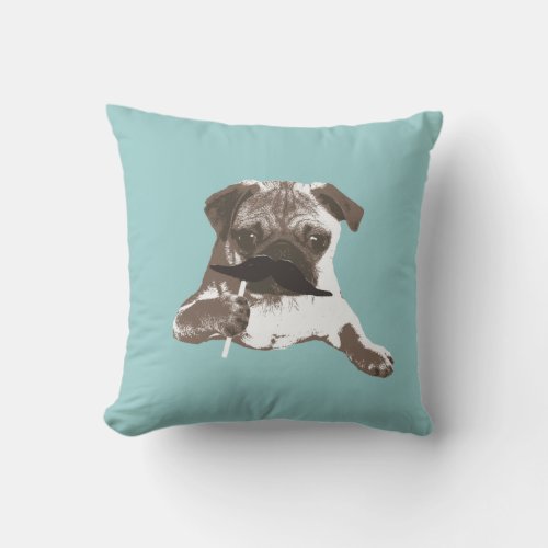 Funny Mustache Pug Throw Pillow