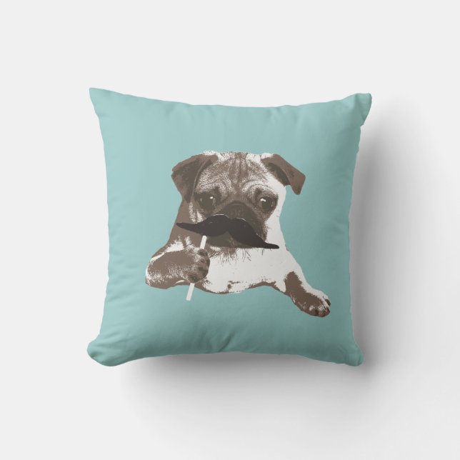 Funny Mustache Pug Throw Pillow (Front)