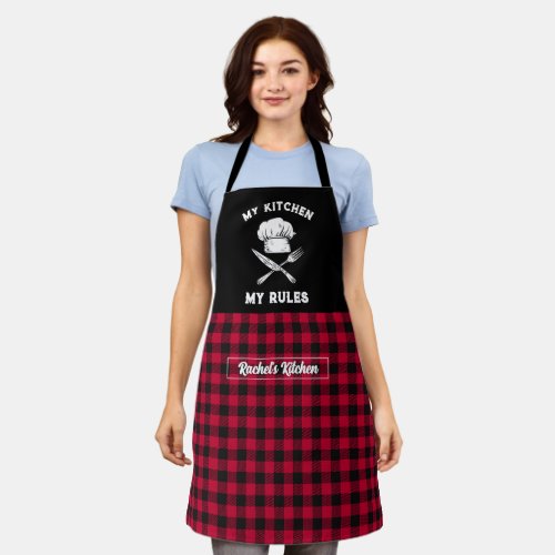 Funny My Kitchen My Rules Red Black Plaid Pattern Apron