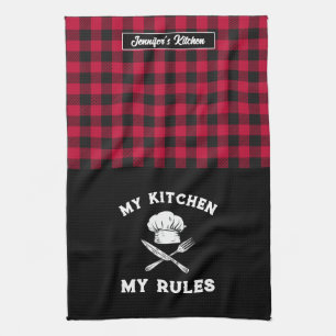 Funny My Kitchen My Rules Red Black Plaid Pattern Kitchen Towel