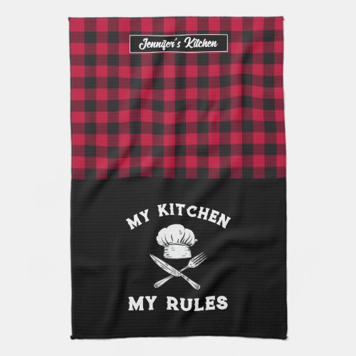 Funny My Kitchen My Rules Red Black Plaid Pattern Kitchen Towel
