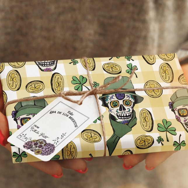 Funny n' Festive Yellow Irish Sugar Skulls & Coins Wrapping Paper (Funny & festive, these Irish sugar skulls are wearing hats and scarves and spreading luck and cheer!)