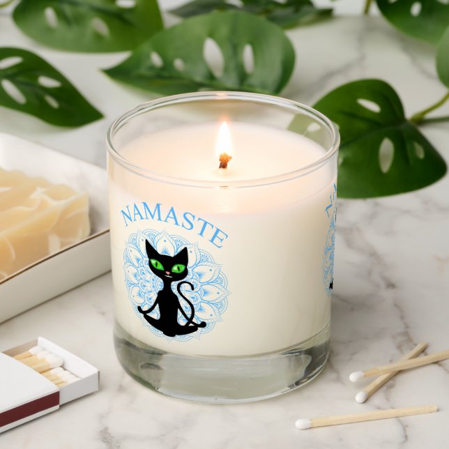 Funny Namaste Cat Yoga Blue Mandala Scented Candle (Lit)