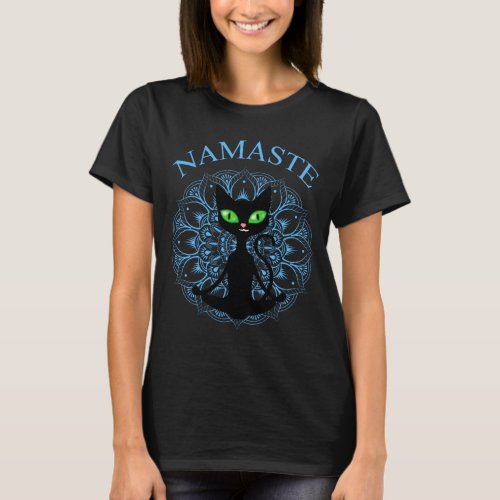 Funny Namaste Cat Yoga Blue Mandala T_Shirt