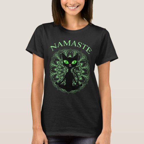 Funny Namaste Cat Yoga Green Mandala T_Shirt