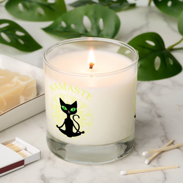 Funny Namaste Cat Yoga Yellow Mandala Scented Candle (Lit)