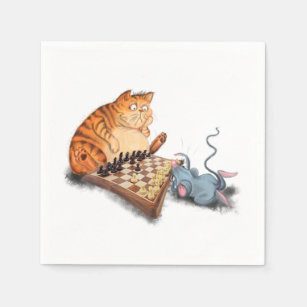 Funny Napkins Cat and Mouse Playing Chess Cartoon