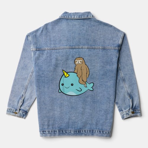 Funny Narwhal Lover Sloth Riding On Narwhal  Denim Jacket
