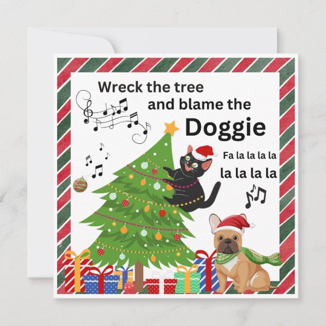 Funny Naughty Black Cat And Dog Christmas tree Holiday Card (Front)