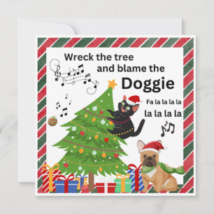 Funny Naughty Black Cat And Dog Christmas tree Holiday Card