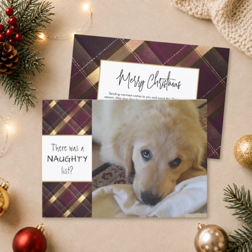 Funny Naughty List Burgundy Gold Plaid Christmas Holiday Card