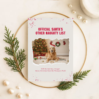 Funny Naughty List Cute Dog Photo Christmas Holiday Card