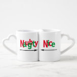 Funny Naughty Nice Red Green Couple Names Holiday Coffee Mug Set<br><div class="desc">This funny Christmas couples mug features red and green typography of the words Naughty and Nice with black arrows pointing to the other mug. Perfect for newlyweds. Designed by world renowned artist ©Tim Coffey.</div>