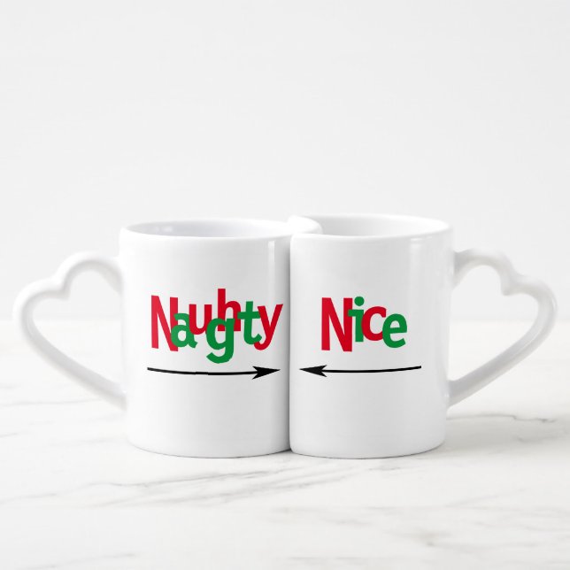 Funny Naughty Nice Red Green Couple Names Holiday Coffee Mug Set (Front Nesting)