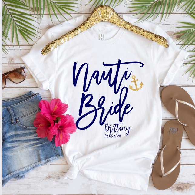 Funny Nauti Bride Blue Modern Calligraphy T-Shirt (Creator Uploaded)