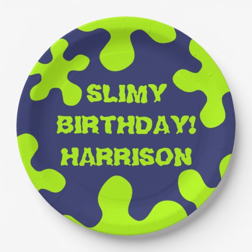 Funny navy blue green slime custom name birthday paper plates