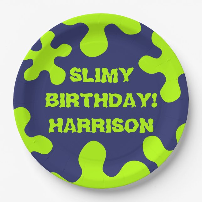Funny navy blue green slime custom name birthday paper plates (Front)