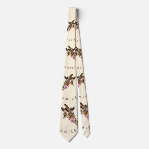 Funny Neck Tie with Playful Giraffe _ Smile Text