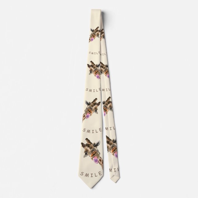 Funny Neck Tie with Playful Giraffe - Smile Text (Front)