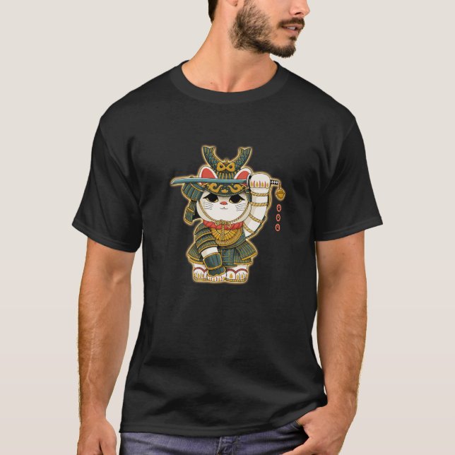 Funny Neko Lucky Cat Samurai Japan For Men Women T-Shirt (Front)